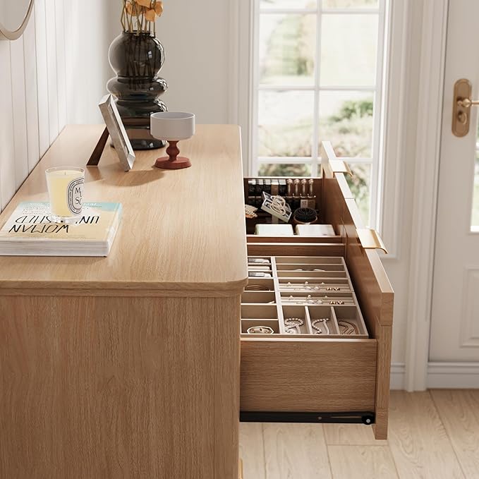 LINSY Rattan 9 Drawer Dresser for Bedroom, 58" Wide Mid-Century Modern Tall Chest of Drawers, Deep Storage Dresser with Curved Corner Design, Large Accent Wood Cabinet for Bedroom, Oak