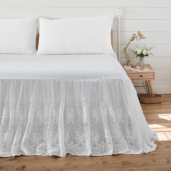 Brandream Luxury White Lace Bed Skirt King Size 18 Inch Drop Split Corners Romantic Bed Cover Dust Ruffle Bed Skirts