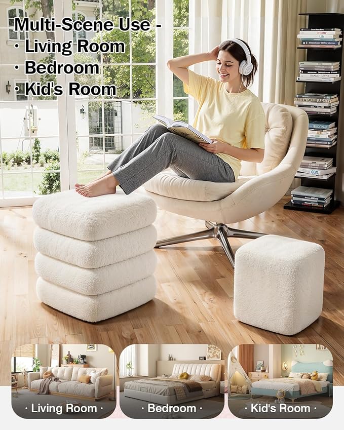 Square Set of 2 Sherpa Nesting Storage Ottoman Stool Boucle Vanity Stool Footstool with Removeable lid Load up to 440 lbs for Livingroom Bedroom White UASND69W