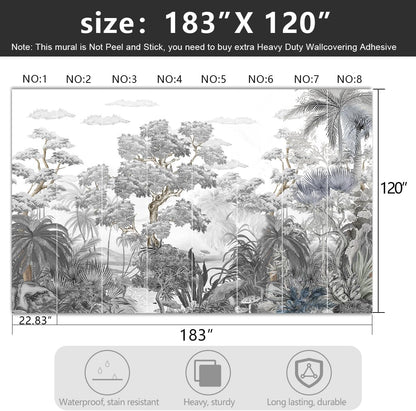 -Tropical Rainforest Botanical Grey Jungle Forest Fabric Wallpaper Living Room Palm Leaf Plant Bedroom Bathroom Large Wall Mural- 183"x120"（ not Peel and Stick）