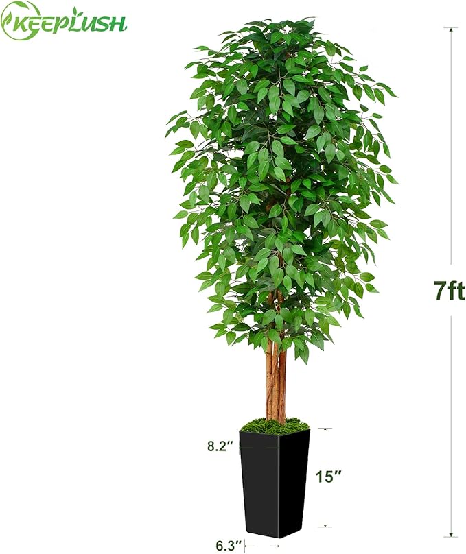7ft Ficus Artificial Tree with 3 Natural Curved Trunks, 84" Tall Lush Faux Tree for Home Decor Indoor, Green Lifelike Fake Ficus Tree with Black Planter Pot