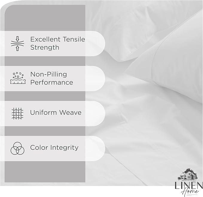 Linen Home 100% Cotton Percale Sheet Set, Twin Size, Snow White, Deep Pocket, 4 Pieces Set - 1 Flat, 1 Deep Pocket Fitted Sheet and 2 Pillowcases, Crisp Cool and Strong Bed Linen
