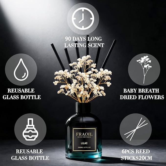 Lilac Reed Diffuser, Reed Diffuser Set 6.7 fl oz (200 ml) with 6 Reed Sticks, Home Fragrance Reed Diffuser for Bathroom Shelf House Bedroom Office Decor