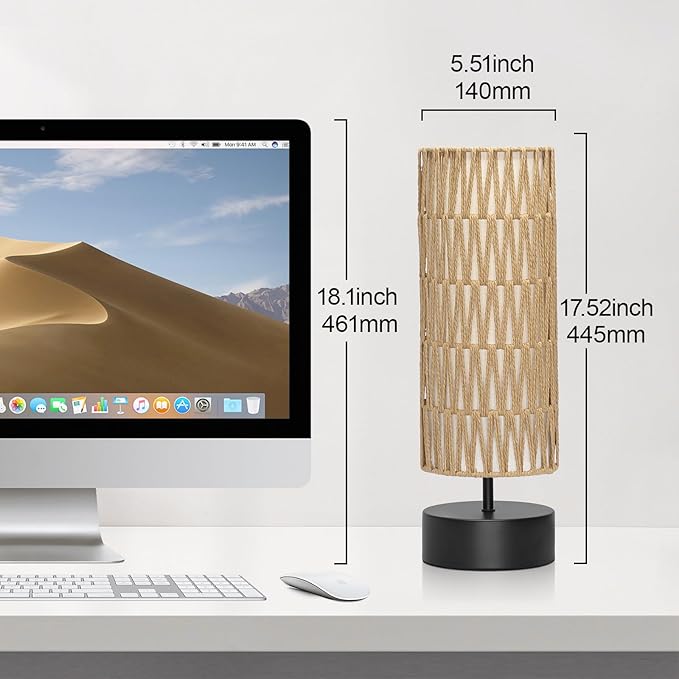 Rattan Table Lamp, Touch Control Bedside Table Lamp with Black Base, 3 Way Dimmable Nightstand Lamp with Dual-layer Shade, Boho Night Light for Bedroom Living Room Home Office, 9W LED Bulb Included