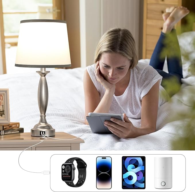 Seealle Lamps for Bedrooms Set of 2 - Touch Bedside Lamp with USB C+A, 3 Way Dimmable Nightstand Lamps with USB Port, Wood Table Lamp for Living Room Guest Room Bed Side End Table(Bulbs Included)