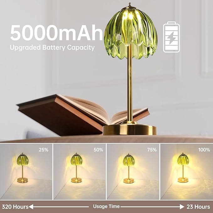 Tulip Table Lamp with 5000mAh Battery & Touch Control, Small Cordless Table Lamp with 3 Colors, Dimmable Rechargeable Battery Operated Table Lamps for Bedroom, Bedside, Desk (Green Tulip)