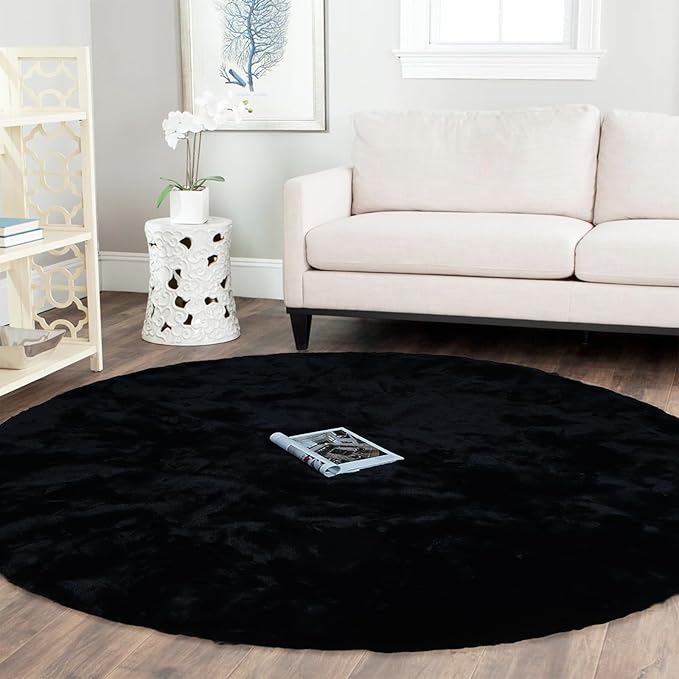 Latepis Round Area Rugs 5ft Black Fuzzy Rug Washable Faux Rabbit Fur Fluffy Plush Shaggy Rugs for Living Room Bedroom Nursery Kids Rug Cute Room Decor