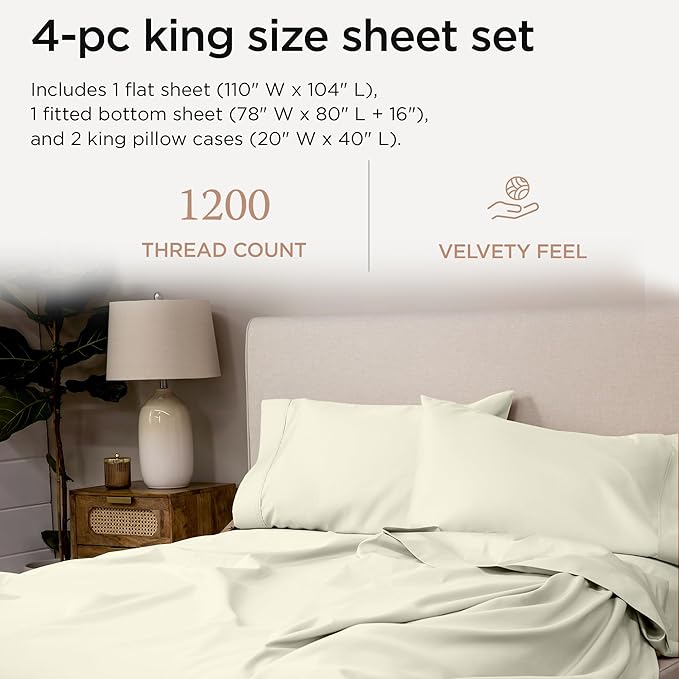 Threadmill 100% Supima Cotton Sheets, Premium 1200 Thread Count Cotton Sheets for King Size Bed, 4 Pc Ivory King Bed Sheets Set, 5-Star Hotel Quality with Elasticized Deep Pocket King Sheet
