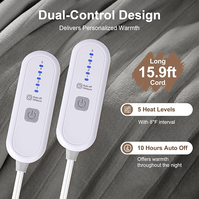 King Size Electric Blanket with Dual Control - Washable Heated Blanket King with 5 Heat Levels, 10 Hrs Auto Off, Overheat Protection, Flannel Sherpa Heating Blanket 100" x 90", Grey