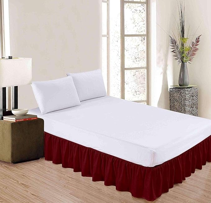 Burgundy Solid Ruffled Bed Skirt Queen-XL-12 Inch Drop Split Corner, Microfiber Bedskirt with Platform Three Sided Coverage