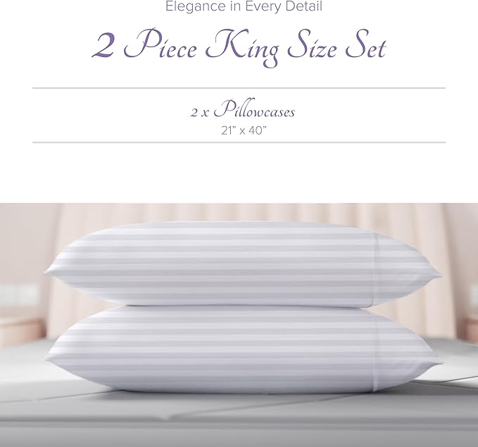 Carressa Linen 100% Egyptian Cotton King Size Pillow Cases Set of 2 - Luxury 600 Thread Count Stripe White King Pillowcases, Soft, Cooling Breathable Sateen Weave Hotel Quality Damask Pillow Cover