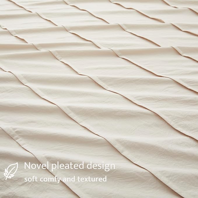 Oli Anderson Light Khaki Duvet Cover Queen Size - Pleated Queen Duvet Cover, 3PCS Soft and Breathable Textured Bedding Set with Zipper Closure(Light Khaki,90"x90")