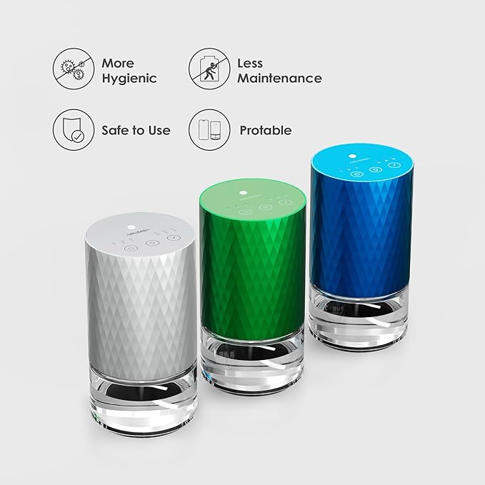 Airversa Waterless Diffuser Essential Oil 100ml Capacity Scent Air Machine for Home Aromatherapy Premium Metal Nebulizer Battery Operated 3 Mist Settings Timers Color Light AN5(Silver)