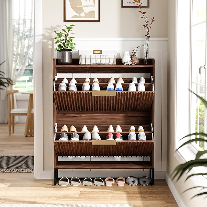 VINGLI Fluted Shoe Cabinet Storage for Entryway,Hidden Shoes Storage Cabinet with 2 Flip Drawers, Mid Century Modern Shoe Rack Organizer,Free Standing Shoes Organizer for Hallway(Dark Walnut)