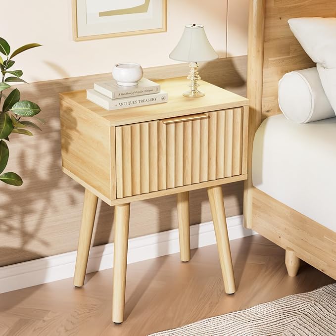 VINGLI Night Stand, Fluted Nightstand Wood, Mid Century Modern Nightstand for Bedroom, Bedside Table, Wood Side Table, Small Night Stand Oak, 15.75" W*11.81" D*21.85" H
