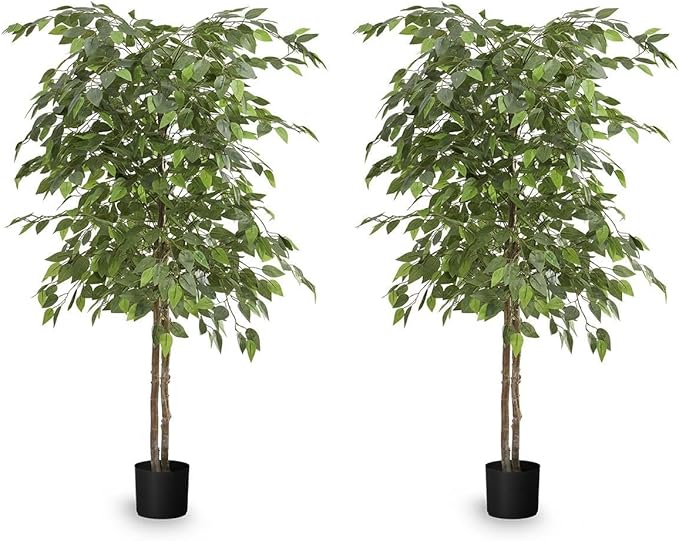 Maia Shop 2 Pack, 5ft Artificial Ficus Tree, Fake Plants for Home Decor, Natural Wood Trunk