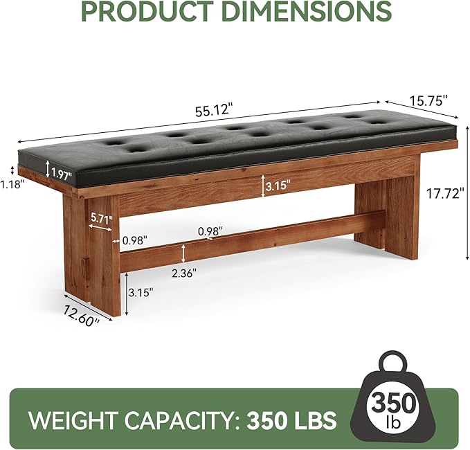 Solid Wood Bench with Cushion, 55" Upholstered Entryway Bench with Thickened Legs, Button-Tufted Shoe Bench Seat, Vintage Indoor End of Bed Bench for Bedroom, Living Dining Room, Hallway, Dark Walnut