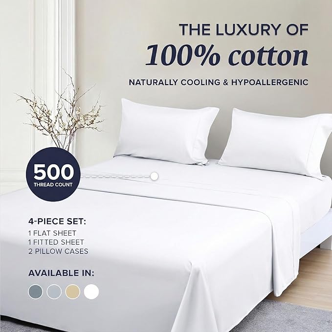 Beckham Hotel Collection Queen Sheet Set 100% Cotton, 500TC Luxury Sateen Bedding, 16” Deep Pocket, Moisture-Wicking, 4-Piece, White