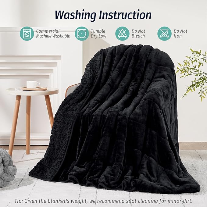 Wemore Sherpa Fleece Weighted Blanket for Adult 15 lbs Dual Sided Cozy Fluffy Heavy Blanket,Ultra Fuzzy Throw Blanket with Soft Plush Flannel Top,48 x 72 inches,Black on Both Sides