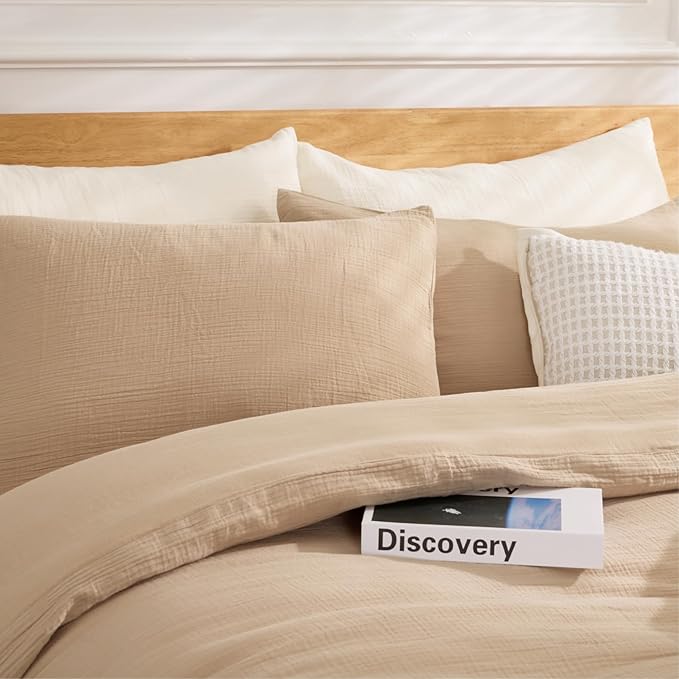 100% Sandwashed Cotton Duvet Cover Queen Size, Soft Queen Duvet Cover Set 3 Pieces with Zipper Clousre & Corner Buttons (Linen, Queen 90 x 90)