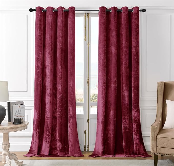 SMILETIME Burgundy Red Crushed Velvet Curtains 52x96 inch Luxurious Thermal Insulated Soundproof Drapes for Living Room Bedroom Office Soft and Durable Light-Filtering Window Treatments, 2 Panels