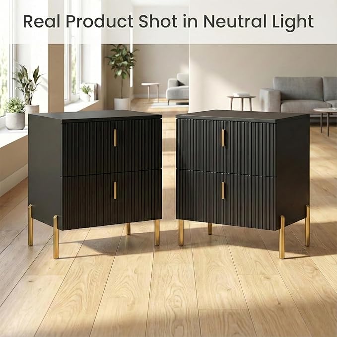Luxury Fluted Night Stand Set of 2, Nightstand with 2 Drawers, Modern Bedside Table with Golden Legs and Handles, End Tables for Living Room Bedroom, Black