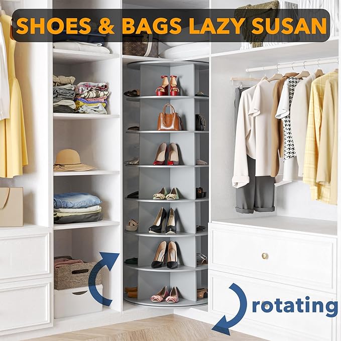 SpaceAid 7 Tier Rotating Shoe Rack Tower, Spinning Shoe Display Lazy Susan, Revolving 360 Shoe Rack Storage Round Carousel, Vertical Handbag Rotate Shoes Closet Organization (7-Tier Gray)