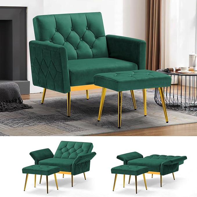 Velvet Accent Chair w/Adjustable Armrests and Backrests, Tufted Single Armchair w/Ottoman, Upholstered Reading Chiar for Living Room, Apartment, Bedroom, Green