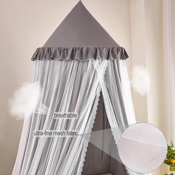 Kertnic 31.5inch Large Dome Bed Canopy for Girls, Double Layer Dreamy Ruffle Princess Canopy, Bedroom Hanging Tent Kids Reading Nook Canopies,Full Queen Bed Canopy Curtain (Gray)