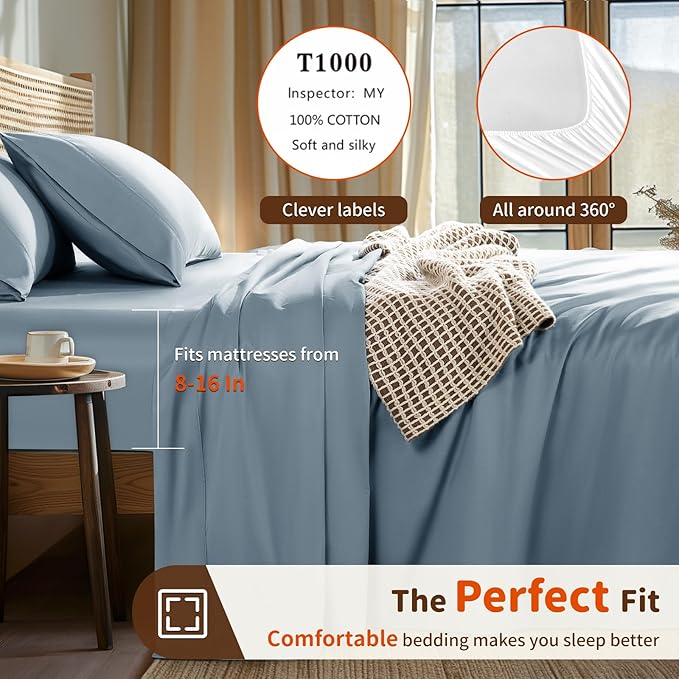 LBRO2M 1000 Thread Count 100% Egyptian Cotton Sheets Set Twin XL, 3 Piece Sets Bed Sheet Deep Pocket Sheet Set 16" Soft Comfortable All Season (Twin XL, French Blue)