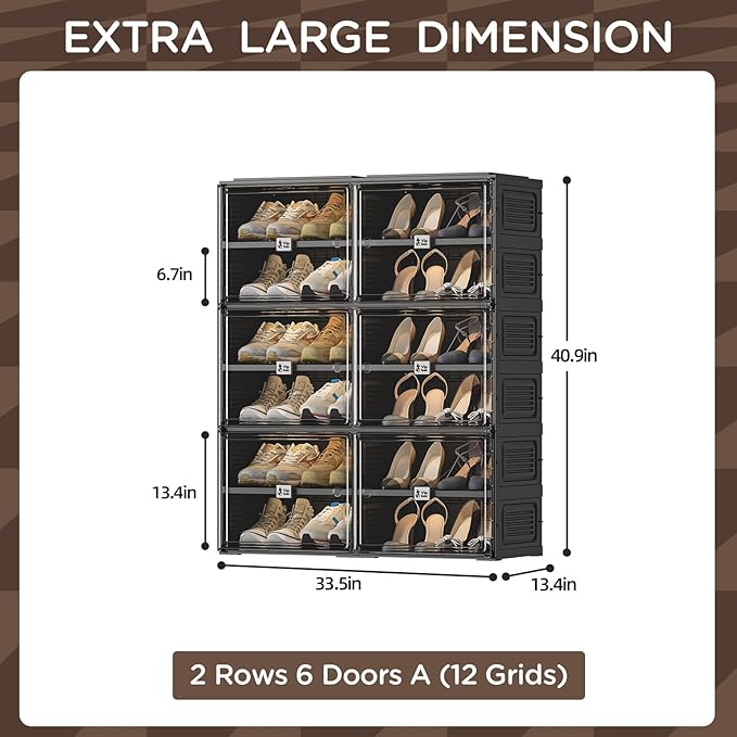 Black Shoe Rack Organizer Cabinet for Closet Entryway,Clear Shoe Storage Boxes Stackable Sneaker Storage with Door Easy Assembly Shoe Cabinet with Lids Large 6 Tiers 24 Pairs