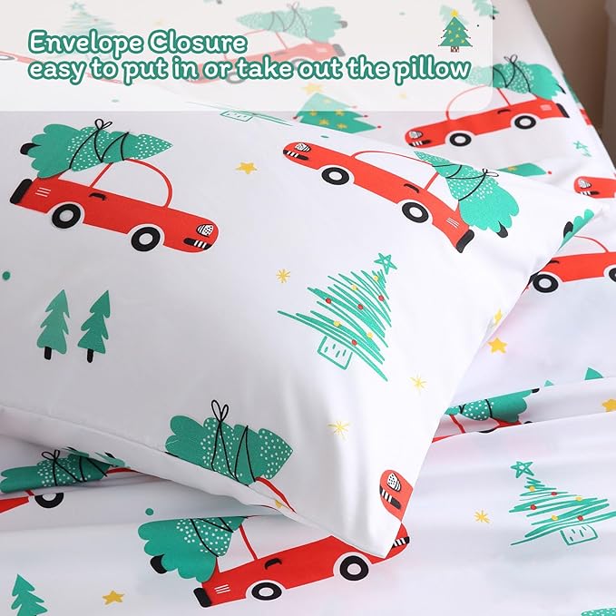 JSD Red Cars Christmas Kids Sheet Set Full Size, 4 Piece Soft Holiday Printed Microfiber Bed Sheets Deep Pocket