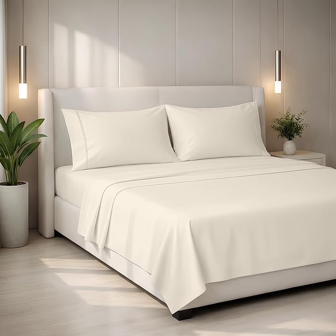 Mayfair Linen 100% Egyptian Cotton California King Sheets Set - 2000 Series Luxury Sheets Cal King Size Bed Set, Silky Soft & Cooling, 17" Extra Deep Pocket Hotel Collection Sheet (4 PC, Ivory)