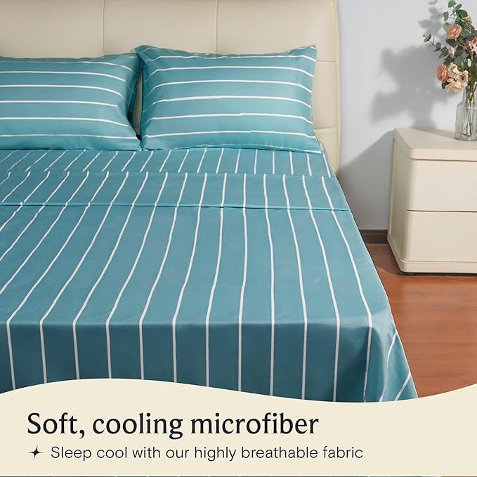 LuxClub 4 PC California King Sheet Set, Deep Pockets Wrinkle Free Cooling Bed Sheets Hotel Bedding for Women, Men, 1 Fitted Sheet, 1 Flat Sheet and 2 Pillowcases-Striped - Light Blue
