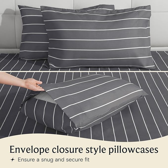 LuxClub 4 PC California King Sheet Set, Deep Pockets Wrinkle Free Cooling Bed Sheets Hotel Bedding for Women, Men, Includes 1 Fitted Sheet, 1 Flat Sheet and 2 Pillowcases-Striped -Light Grey