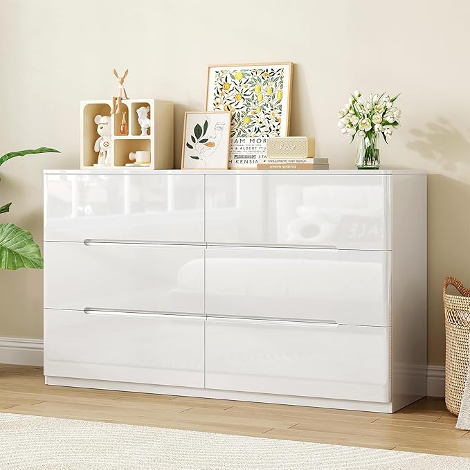 White Wood Dresser, 6 Drawer Dressers for Clothes Storage for Bedroom, Modern Dresser with Wide Drawers, Wide Wooden Chest Drawers for Living Room, Entryway, TV Stand