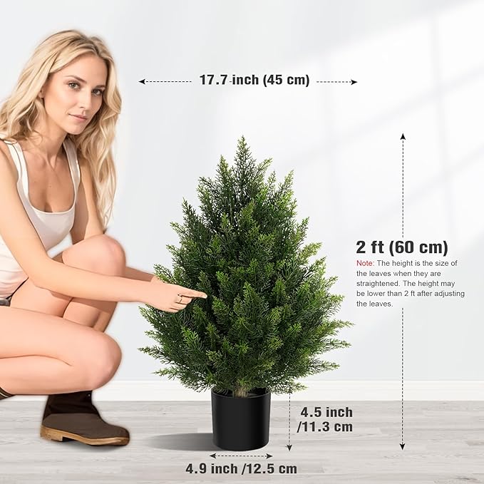 Outdoor Artificial Cedar Topiary Tree, Faux Evergreen Shrubs for Front Porch Decor, Lifelike Fake Bushes Plants for Home Living Room Front Door Decor (2, 2ft)