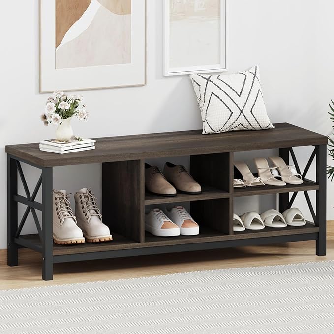 FATORRI Shoe Bench Entryway with Storage, Industrial Wood and Metal Hallway Benches with Adjustable Shelves, Rustic Entry Way Bench for Living Room (47.24 Inch Long, Walnut Brown)