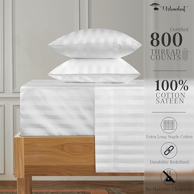 URBANHUT 800 Thread Count 100% Cotton Damask King Size Sheets, 4 Piece Striped King Size Bedsheets, Luxury Hotel Sheets Sateen Weave - Better Than Egyptian, 16" Elasticized Deep Pocket- White