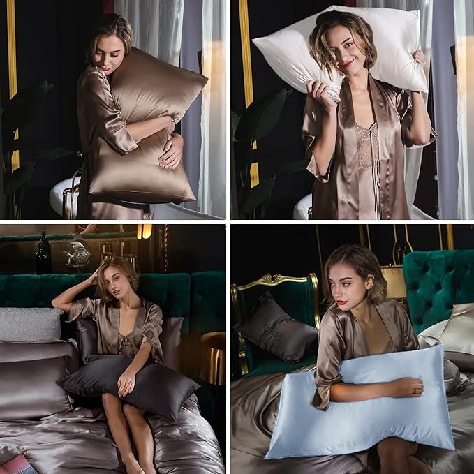Silk Pillow Cases 2 Pack, Mulberry Silk Pillowcases Standard Set of 2, Smooth, Anti Acne, Beauty Sleep, Both Sides Natural Silk Satin Pillow Cases for Women 2 Pack with Zipper for Gift, Champagne