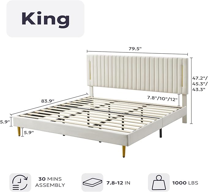 King Platform Bed Frame, Velvet Upholstered Bedframe with Vertical Channel Adjustable Headboard, Golden Plating Trim, Mattress Foundation with Wooden Slats, No Box Spring Needed, Beige