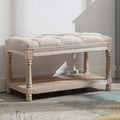 DUOMAY Farmhouse Tufted Storage Ottoman Bench with Shelf, 31.5" Width Linen Upholstered Entryway Shoe Ottoman Foot Stool for Bedroom Living Room Dining Room, Beige