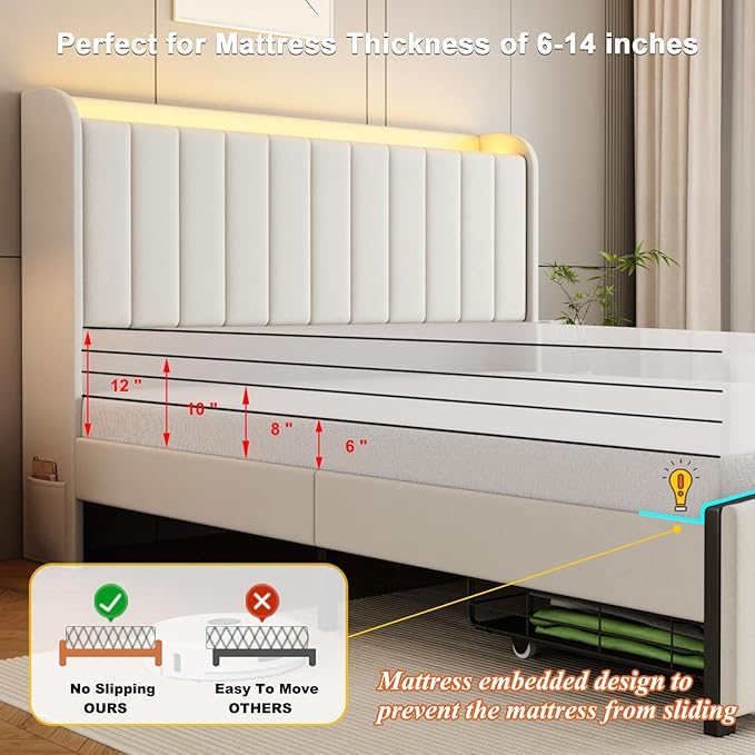 Queen Size Bed Frames with Storage Headboard and 2 Drawers, Upholstered Platform Bed Frame Queen with Led Lights and Handy Charging Station, No Box Spring Needed, Easy Assembly, Noise Free, Beige