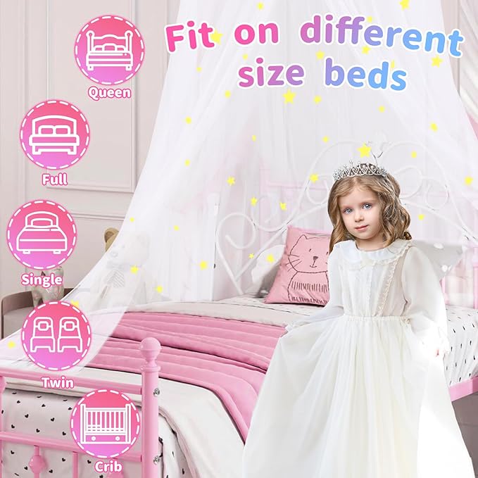 South to East Bed Canopy for Girls with Glowing Stars, Princess Canopy Bed Curtains for Kids, Starry Net Canopy for Girls Room Decor, Kids Bed Canopy for Single, Twin, Full, Queen Size Bed