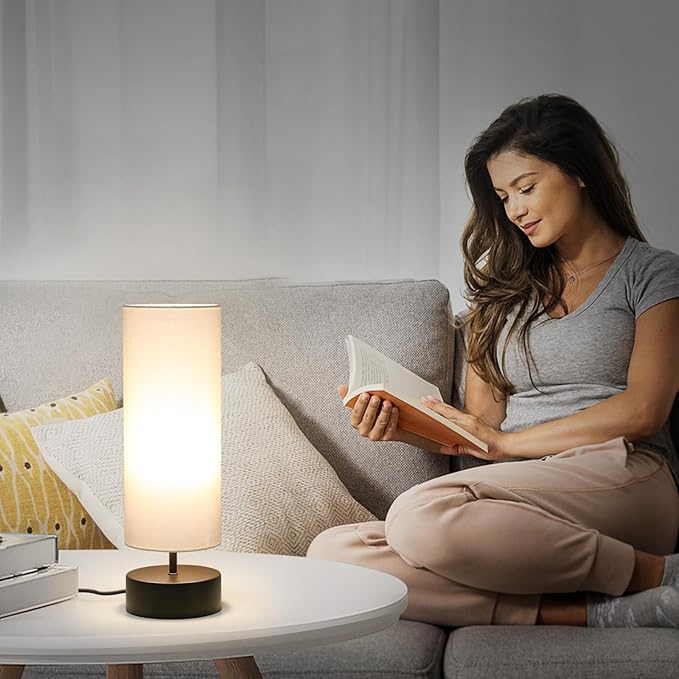 3 Way Dimmable Touch Control Table Lamp, Bedside Table Lamp with Dark Brown Base, Modern Nightstand Lamp with Beige Shade, Simple Night Light for Bedroom Living Room Home Office, 9W LED Bulb Included