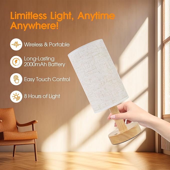 Small Cordless Touch Bedside Table Lamps Set of 2,Minimalist Dimmable Battery-Powered Desk Lamps with Round Fabric Linen Shade,Mini Nightstand Warm Night Lights for Bedroom,Home,Living Room,Office