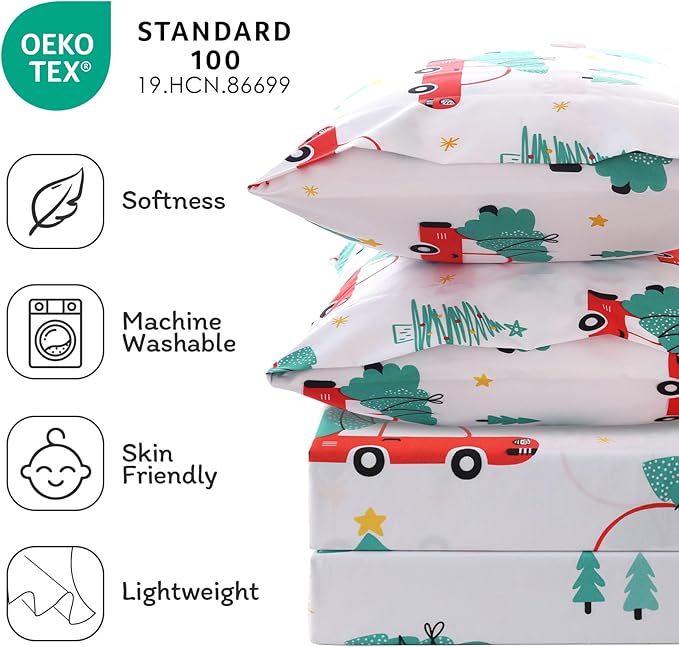 JSD Red Cars Christmas Kids Sheet Set Full Size, 4 Piece Soft Holiday Printed Microfiber Bed Sheets Deep Pocket
