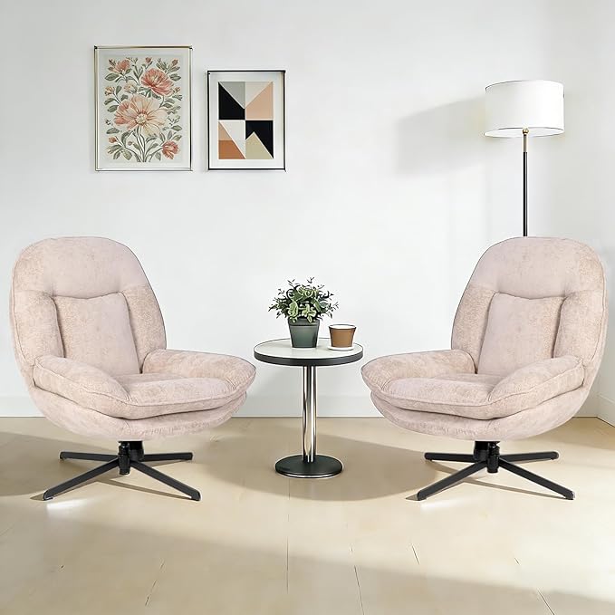 360°Free Swivel Accent Chair Set of 2 for Living Room, Slightly 20°Rocking, 24" High Backrest Upholstered Armchair, Ergonomic Design, Chenille Breathable Soft Fabric Modern Single Sofa, Beige
