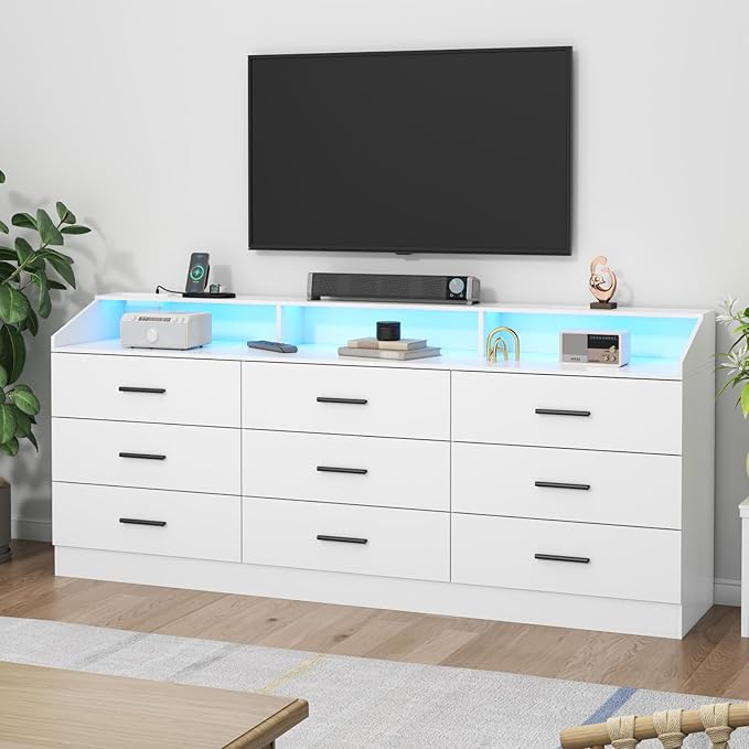 9 Drawers Dresser for Bedroom with Power Outlet, Chest of Drawers with LED Light, Modern Dressers with Open Storage Cubby, Triple Wide Dressers Organizer for Living Room (White)