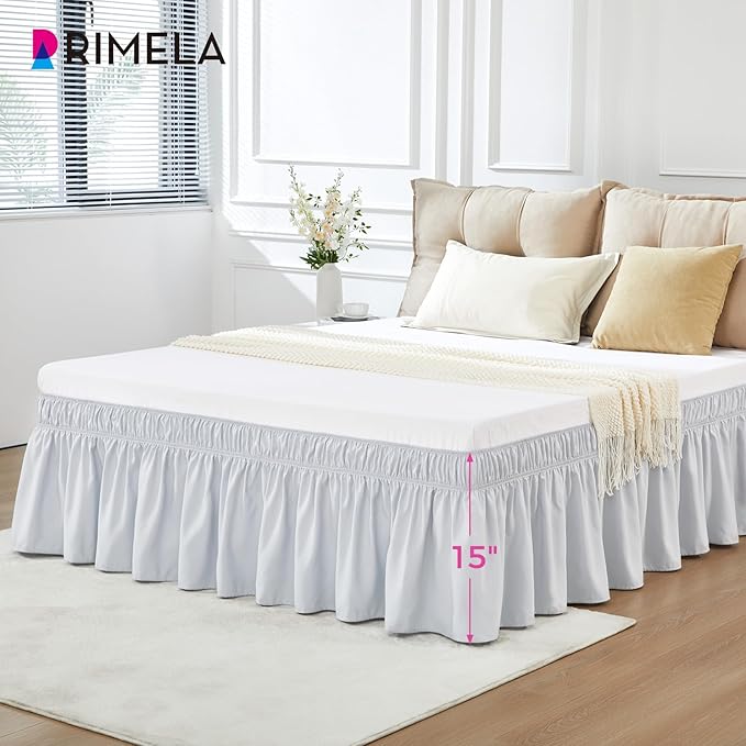 RIMELA Ice Grey Bed Skirt Queen Size 15 Inch Drop, Elastic Bed Skirting for Bed Base and Frame, Bedding Dust Ruffle Easy to Install, Lightweight Wrap Around Adjustable Bedskirt